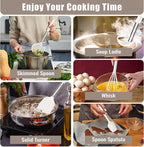 E-far 14 Pieces Silicone Cooking Utensils Set, Kitchen Utensils Set with Holder, Spatula, Ladle, Spoon, Slotted Turner for Nonstick Cookware, 446°F Heat Resistant & Stainless Steel Handle, Cream White