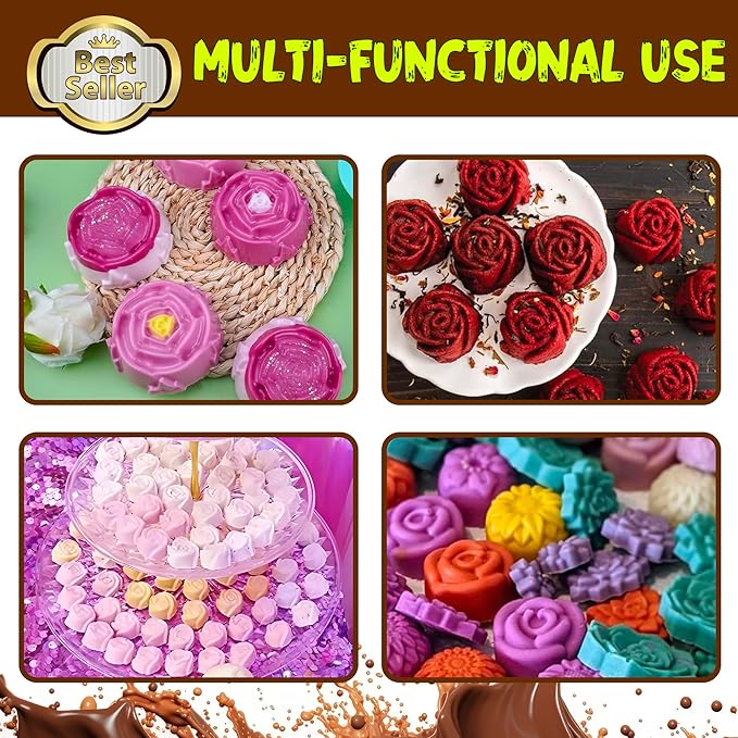 Rose Flower Shaped Silicone Chocolate Molds，BPA Free & Non-stick Silicone Tray for Hard Candy Caramels Jello Gummy Truffles Ice Cubes Soap - 4 Pack