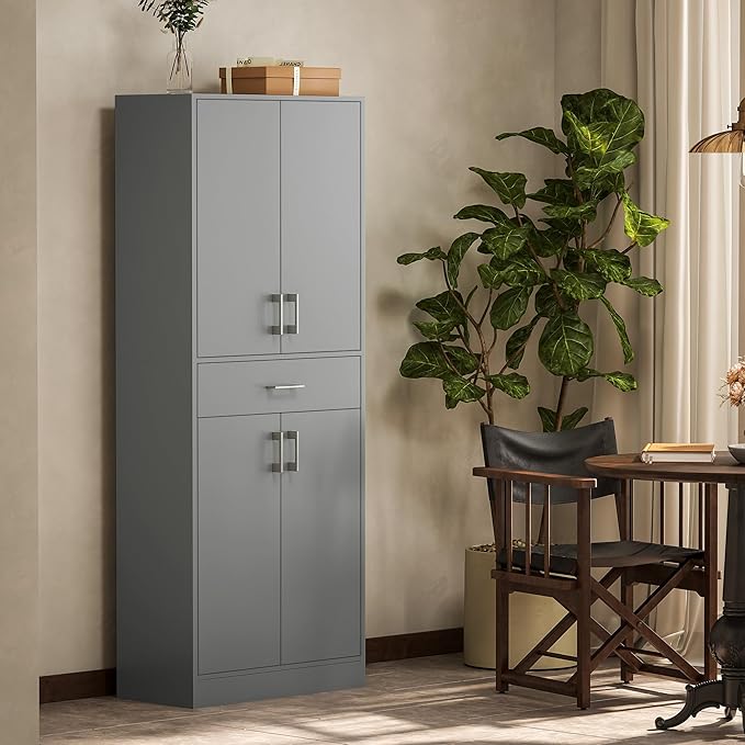 HOMCOM 71" Kitchen Pantry Cabinet with Drawer and Adjustable Shelf, Freestanding Tall Storage Cabinet with 2 Double Door Cupboards, Gray