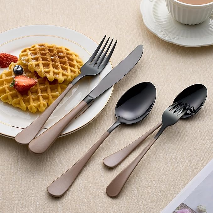 20-Piece Black Silverware Set 18/0 Stainless Steel Silverware Set Brown Handle Cutlery Set Service for 4 Dinner Knives Forks Spoons Set Flatware Set Finish Dishwasher Safe