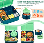 Bento Lunch Box with 8oz Soup Thermo,Kids Leakproof 4 Compartment Lunch Food Containers with Sauce Cup and Ice Pack,Kids Thermo Insulated Hot Food Jar and Lunch Bag for School,Trvael-Green