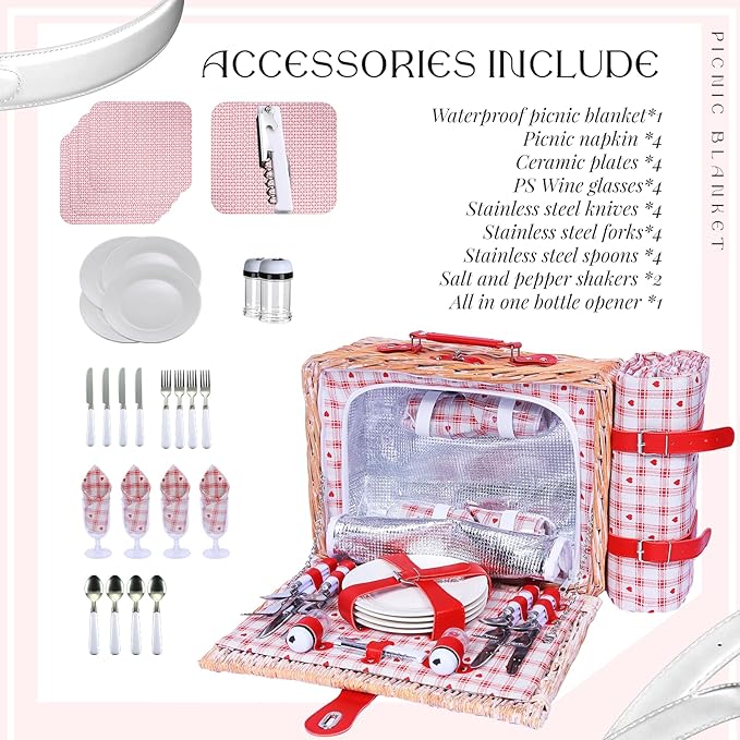 Picnic Basket Set for 4 with Waterproof Blanket Mat Insulation Bag Wicker Floral Pink Red Love Plaid Cute Kawaii Gift for Wedding Birthday Summer Camp Outdoor Camping Beach Travel Christmas