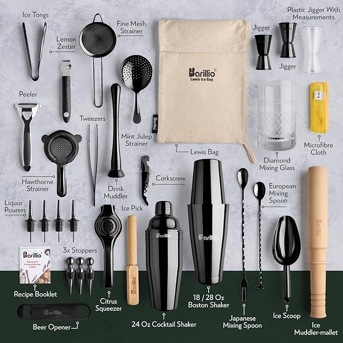 Barillio Bar Tool Set Pro Edition - Black Stainless-Steel Cocktail Shaker Set - Mixology Bartender Kit w/Boston Shaker, Drink Mixer & Muddler for Cocktails - Home Bar Accessories - 32-Pc Bar kit