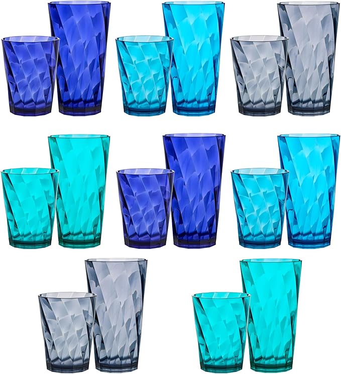 US Acrylic Optix Plastic Reusable Drinking Glasses (Set of 16) 14oz Rocks & 20oz Water Cups in Coastal Colors | BPA-Free Tumblers, Made in USA | Top-Rack Dishwasher Safe