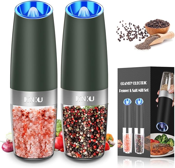 XinXu Gravity Electric Salt and Pepper Grinder Set, Automatic Mill Grinder Shaker,Battery-Operated, Adjustable Coarseness, Stainless Steel, LED Light, One Hand Operated,Dark Green