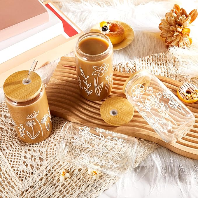 Mumufy 4 Pack Gift for Women Cute Glass Cup Tumbler Flower Iced Coffee Mugs 16 oz Glass with Bamboo Lid & Straw, Mothers Day Birthday Gift for Mom Sister Bridesmaid Baby Shower (Boho Floral)