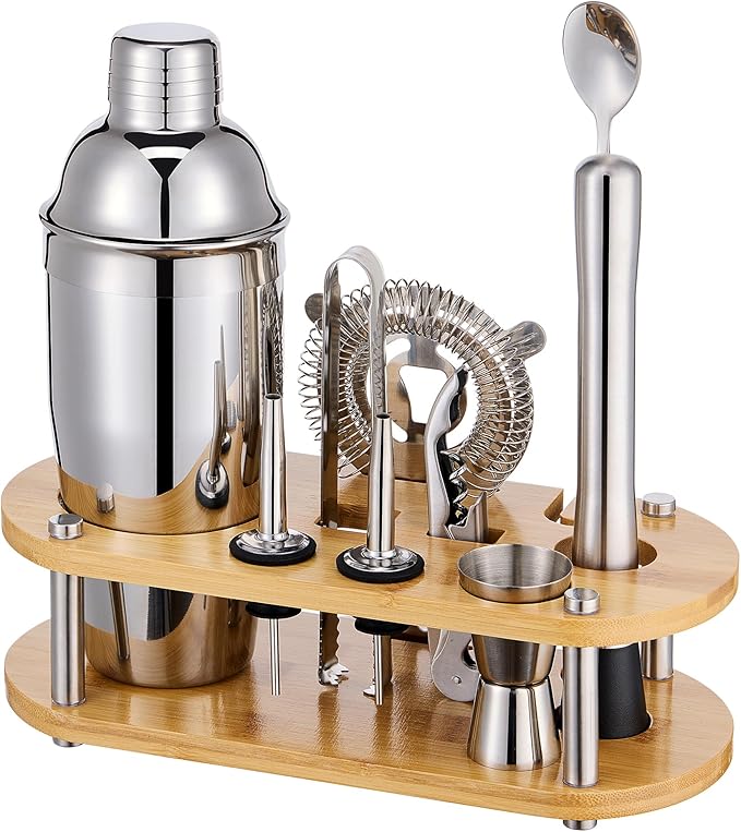 Cocktail Shaker Set Bartender Kit - 11 Pcs Bar Tool Set with Bamboo Stand & All Bar Accessories: Martini Shaker, Strainer,Jigger, Muddler, Mixer Spoon Barware Kit, for Bar, Home Lounge & Party