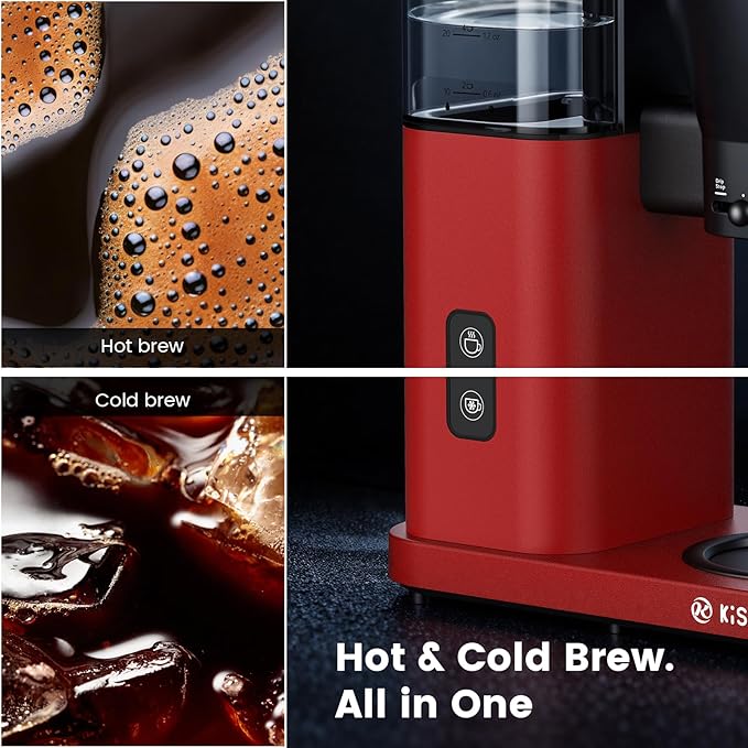 Kismile Premium 8-Cup Coffee Maker with Hot & ice brew, Removable Water Tank Coffee Machine, Drip Coffee Maker,Rapid Heating System for seconds Brewing,Red