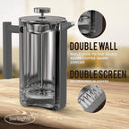 Stainless Steel French Press Coffee Maker Large 1 L(34 oz) Grey – Durable Double Walled Insulated Coffee Press Keeps Drinks Hot, Easy to Use and Clean Stylish Design for Rich Flavor