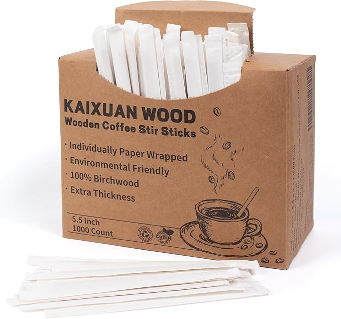 Coffee Stirrers 1000pcs Individually Wrapped Coffee Stirrers Wood - 5.5 Inch Disposable Wooden Stir Sticks for Coffee, Cocktail and Hot Drinks