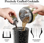Insulated Cocktail Shaker Set | Double Wall Stainless Steel | Martini Shaker for Home Bar Bartending | Built-in Drink Measurement System & Strainer, Travel Bag, 35 Recipes | Gift Set (Leopard Gold)
