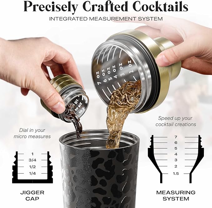 Insulated Cocktail Shaker Set | Double Wall Stainless Steel | Martini Shaker for Home Bar Bartending | Built-in Drink Measurement System & Strainer, Travel Bag, 35 Recipes | Gift Set (Leopard Gold)