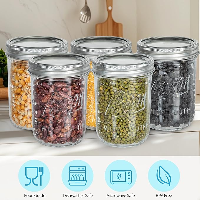 Wide Mouth Mason Jars 16 oz with Lids [8 Pack], Mason Jars with Lids, Canning Jars with Leak Proof, 16 oz Glass Jars for Fermenting, Meal Prep, Freezing, Preserving