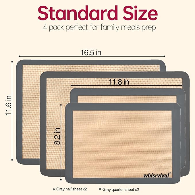 4 Pack Silicone Baking Mat, Non-Stick Silicone Baking Sheet, Food Safe, 480℉ Heat Resistant, 2 Half & 2 Quarter (Grey)
