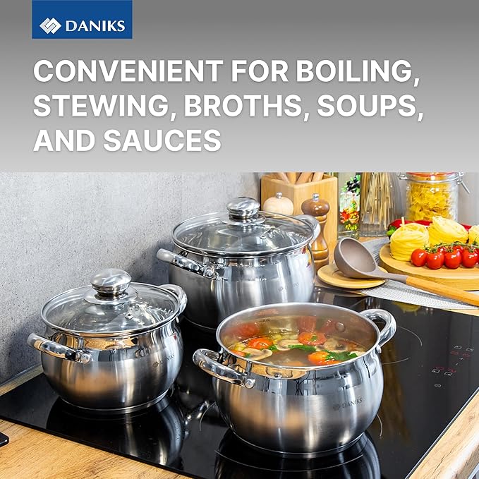 Daniks Classic 6-Piece Stainless Steel Cookware Set with Glass Lids, Tri-Ply Bases for Even Heating, Induction Compatible, Dishwasher Safe