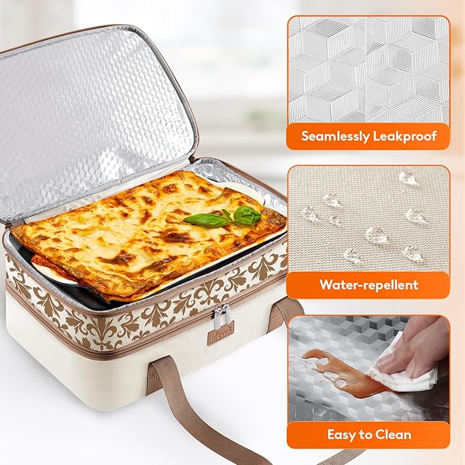 Lifewit Double Decker Casserole Carrier for Hot or Cold Food, Insulated Casserole Baking Dish Bag Food Carrier, Lasagna Holder for Potluck/Parties/Picnic/Cookouts, Fits 9"x13" Baking Dish, Cream
