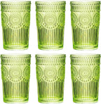 Vintage Textured Green Striped Drinking Glasses Set of 6, 13 oz Ribbed Glassware with Flower Embossed Design, Romantic Cocktail Set, Juice Glass, Iced Coffee Cup, Colored Water Glasses Tumblers