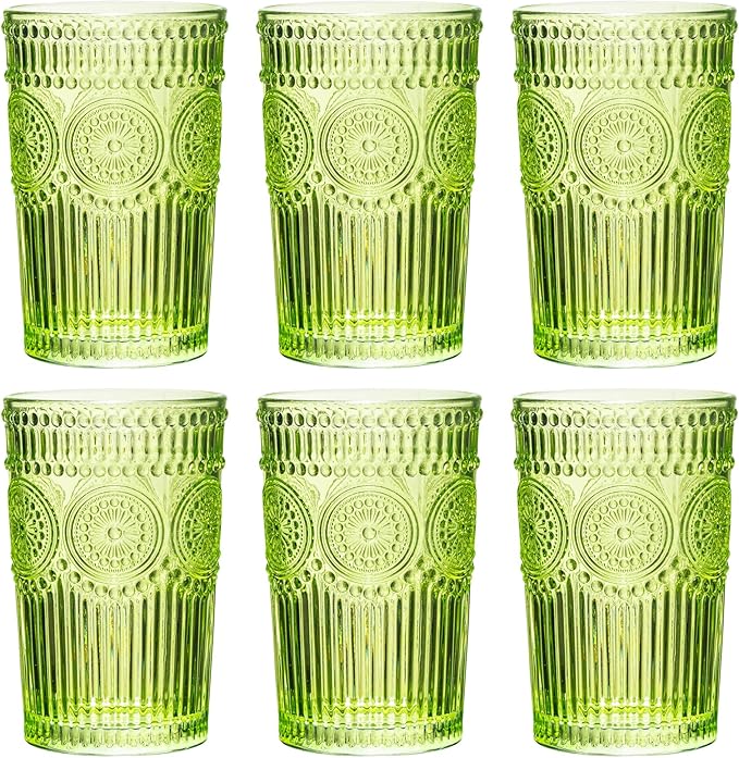 Vintage Textured Green Striped Drinking Glasses Set of 6, 13 oz Ribbed Glassware with Flower Embossed Design, Romantic Cocktail Set, Juice Glass, Iced Coffee Cup, Colored Water Glasses Tumblers