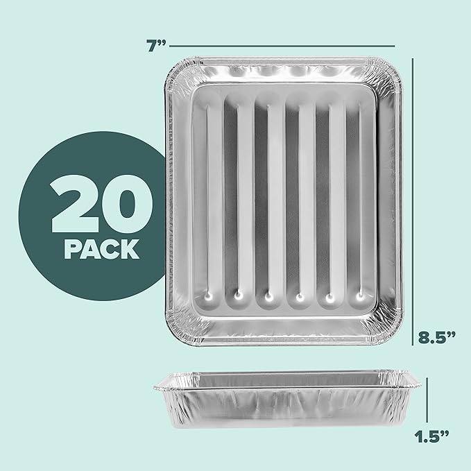 PLASTICPRO 20 Pack Disposable Aluminum Grill Liners Toppers Aluminum Foil Broiler Pans Durable Ribbed Grill Drip Pans 8.5x7