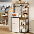 6-Tier Mini Fridge Stand with Power Outlet and Drawer, Freestanding Bakers Rack with Storage, Microwave Storage Shelf for Kitchen, Coffee Bar Organizer with Hooks (Rustic Brown)