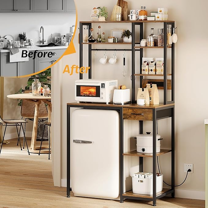 6-Tier Mini Fridge Stand with Power Outlet and Drawer, Freestanding Bakers Rack with Storage, Microwave Storage Shelf for Kitchen, Coffee Bar Organizer with Hooks (Rustic Brown)