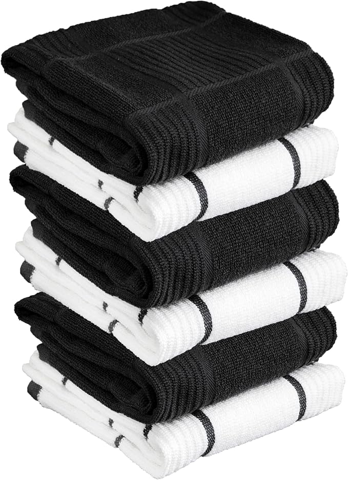 T-fal Solid & Checked Parquet Kitchen Towels: Highly Absorbent, Super Soft Long Lasting - 100% Cotton, 16"x26" Dish Towels for Cleaning & Drying Dishes, Pans, Glassware, Countertops, 6-Pack, Charcoal