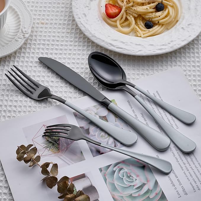 20 Piece Black gray 18/0 Flatware Utensil Set for 4, Include Dinner Knife,Dinner Forks,Dinner Spoons,Salad Forks,Teaspoons,Silverware Set for 4, Dishwasher Safe
