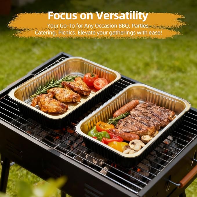 Aluminum Foil Pan with Lids,Heavy Duty Disposable Aluminum Baking Pans,14.57"×10.63" Steam Table Pan for Cooking,Heating, Storing,Prepping Roasting and Chafing (5 Pack Black and Gold w/Lids)