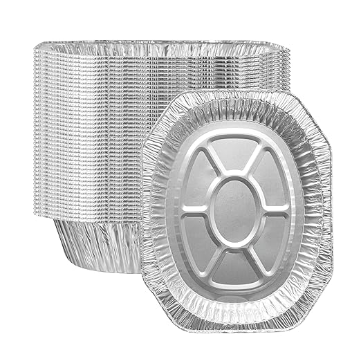 Restaurantware Foil Lux 17.6 x 14 x 3.1 Inch Oval Roasting Pans, 50 Oven-Ready Foil Pans - Freezable, Heavy-Duty, Aluminum Foil Disposable Baking Pans, For Cooking Turkey, Chicken, And More