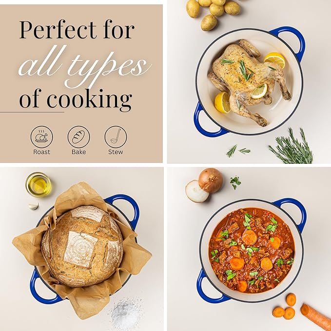 Nuovva Enamelled Cast Iron Dutch Oven Pot with Lid – 6.4 Quart Non Stick Casserole Pot – Heavy Duty & Oven Safe up to 500° F for Bread Baking, Braising, Stews, Roasting – 28cm Dark Blue