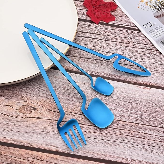 JASHII Silverware Set Satin Finish 24-Piece Stainless Steel Flatware Set Kitchen Utensil Set Service for 6 Tableware Cutlery Set Dishwasher Safe (Matte Blue)