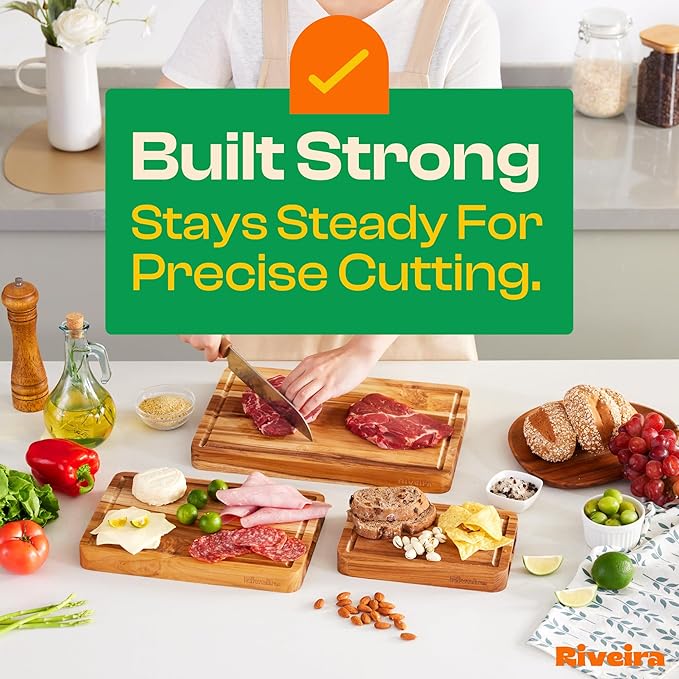 Riveira Teak Wood Cutting Board – Gourmet Teak Grandeur: 12 x 10 Wooden Cutting Board – Natural Wooden Cutting Boards For Kitchen Decorative – Innovative Juice Grooves Teak Wooden Chopping Board