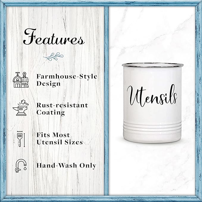 Home Acre Designs Vintage Farmhouse Utensil Holder - Stylish Countertop Organizer and Kitchen Decor Caddy - Stainless Steel Rim - White