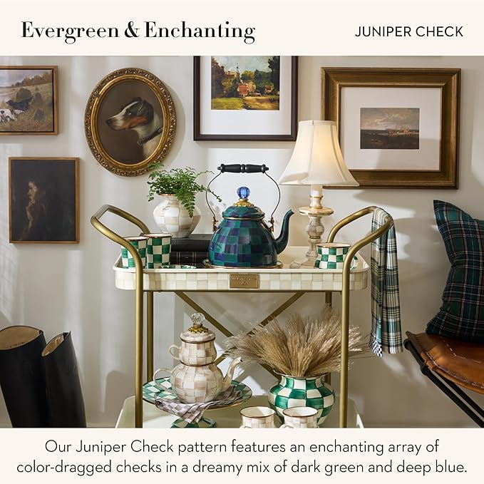 MACKENZIE-CHILDS Enamel Tea Kettle, Cute Tea Kettle for Stovetop, 2 Quarts, Dark Green-and-Blue Juniper Check