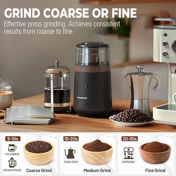 HAUSHOF Coffee Grinder Electric, One Touch Design, Spice, Herb, Grinder for Coffee Bean Spices and Seeds with 1 Removable Stainless Steel Bowl, Dry Grinder-Black