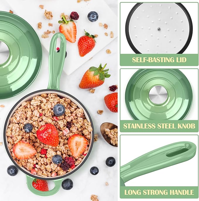 E-far Enameled Cast Iron Sauce Pan with Lid, 1 Quart Dutch Oven Saucepan, Mini Sauce Pot for Cooking, Boiling, Healthy & Non Toxic, Induction & Oven Safe, Pistachio Green