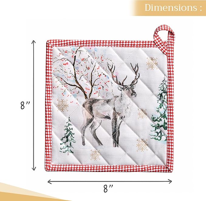 Maison d' Hermine Pot Holders 100% Cotton Heat Resistant Potholders 8" x 8" Hot Pads with Loop BBQ, Cooking, Baking, Grilling, Kitchen, Handling Hot Pans (Pack of 1, Rural Christmas)