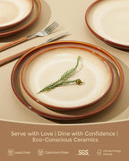Stoneware Dinnerware Set Service for 4, 12 pcs Reactive Glaze Plates and Bowls Sets, Handmade Round Dishes Set, Highly Chip and Crack Resistant Modern Plate Set, Brown Yellow
