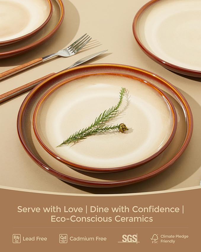 Stoneware Dinnerware Set Service for 4, 12 pcs Reactive Glaze Plates and Bowls Sets, Handmade Round Dishes Set, Highly Chip and Crack Resistant Modern Plate Set, Brown Yellow