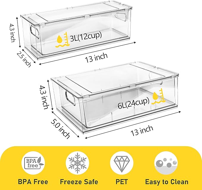 2 Pack Refrigerator Organizer Bins Stackable Fridge Organizer Set with Pull-out Drawer Clear Vegetable Fruit Storage Containers for Kitchen Pantry Organization