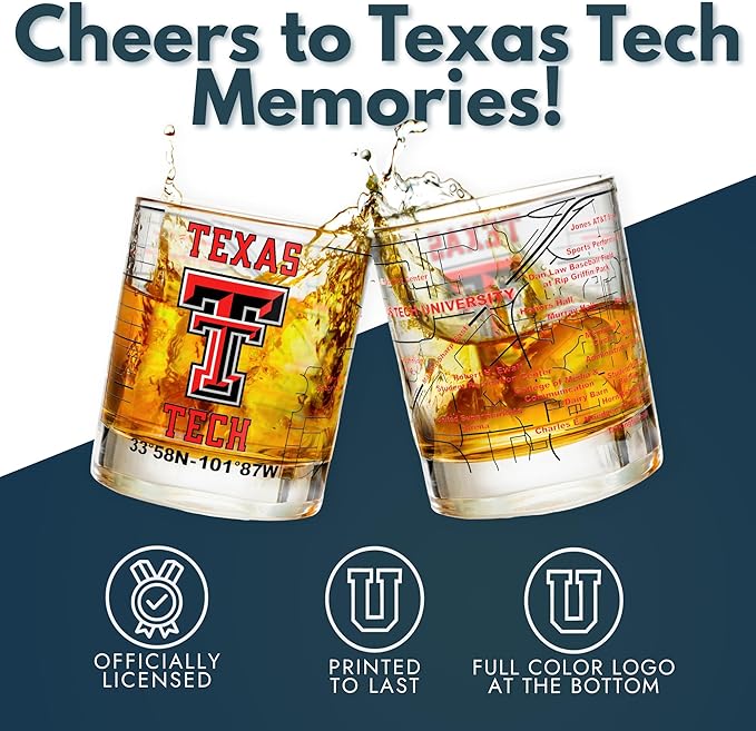Greenline Goods – Texas Tech University Red Raiders College Whiskey Glasses (Set of 2), 10 oz – Full-Color Logo + Campus Map