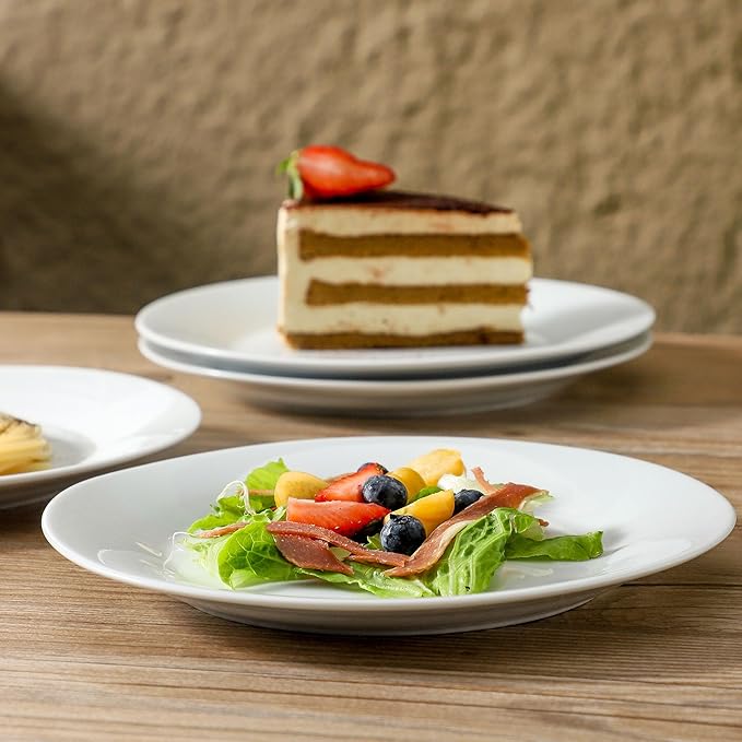 fMBB 4-Piece Salad Plates Set, 8 inch Ceramic Lightweight Round Plate Dessert Dish, Smooth Glaze - White Modern Dinnerware Set for Kitchen Serving