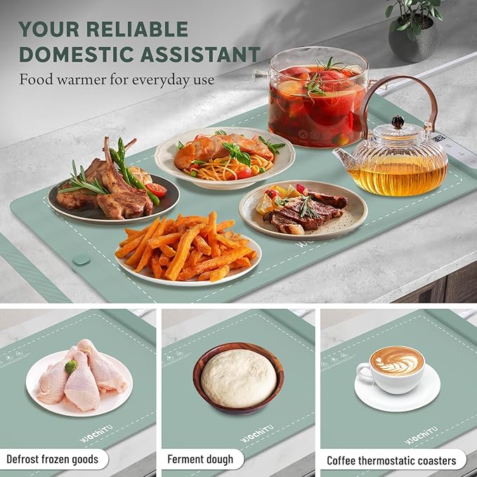 Food Warming Mat WochiTV Electric Warming Tray with 6 Level Temperature Control and 6 Hours Timer Extra Large Food Warmer Perfect for Parties Gatherings Buffet (Pale Green)