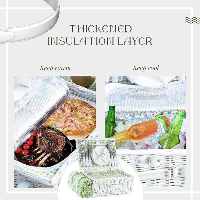 Picnic Basket Set for 4 with Waterproof Blanket Mat Insulation Bag Wicker White Green Plaid Fresh Cottagecore Gift for Wedding Birthday Summer Camp Outdoor Camping Christmas Thanksgiving
