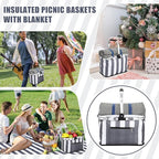 35L Large Insulated Picnic Basket with Blankets Kit Shopping Basket Cooler Bag Leakproof Collapsible Portable Suitable for Picnic Camping Work Hiking Food Delivery Gifts(Gray Stripes)