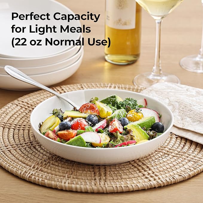 Y YHY Pasta Bowls, 22 Ounces Salad Ceramic Bowl Plate Set of 4, 7.8 Inch Porcelain Pasta Bowls for Serving Dinner and Salad，Wide and Shallow Bowls Set, Microwave and Dishwasher Safe, White