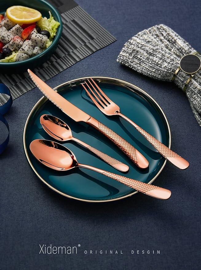 16-Piece Modern Copper Hammered Silverware Set with Ultra Sharp 2-IN-1 Serrated Knife, Rose Gold 18/10 Stainless Steel Flatware Set, Utensil Cutlery Set for 4 Person, Forks Spoons Knives Set
