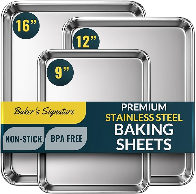 Baker’s Signature Stainless Steel Cookie Sheet Pan, Stainless Steel Baking Sheet Set of 3, Mirror Finish, Non-Stick, Rust Resistant, BPA Free, Dishwasher Safe, 9/12/16 Inch