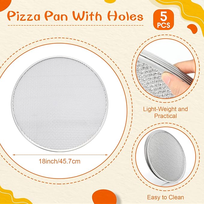 Nuogo 5 Pcs 18 Inch Pizza Pan with Holes Aluminum Mesh Pizza Screen Seamless Round Tray for Oven Nonstick Baking Sheet for Kitchen Bakery Restaurant BBQ Party Cookware Supplies