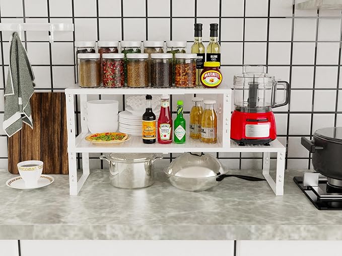 Adjustable Expanable Stackable Spice Rack Shelf Pantry Storage Organizer for Kitchen Cabinet,Countertop,Bathroom and more.Space is no longer limited(1Pack/White/Medium)
